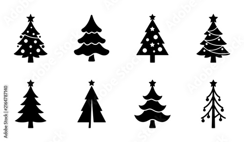 Minimalist Christmas tree icons, black silhouette pine tree set, 8 festive holiday vector elements for winter celebration and card design