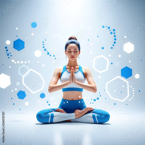 Young woman meditating with floating blue digital hexagonal icons and data points.