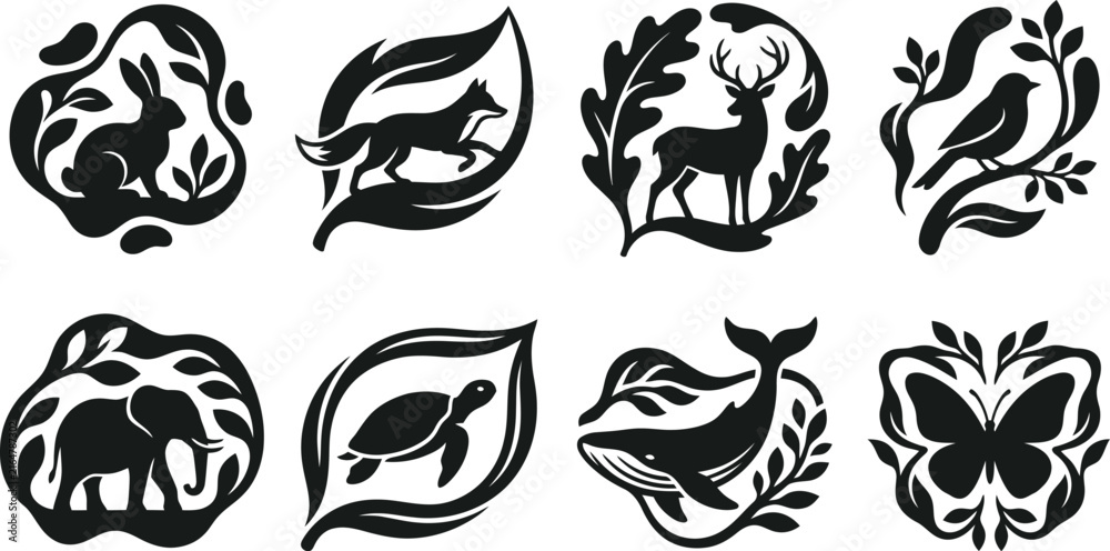 Obraz premium Wildlife Geometric Emblem Collection Featuring Wolf, Lion, Deer, Eagle, Fox, Horse, Bear and Bull Silhouettes Inside Hexagon, Shield, Circle and Square Frames