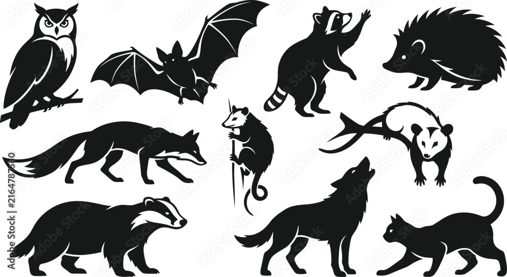 Fototapeta premium Wildlife Silhouette Collection Featuring Owl, Bat, Badger, Hedgehog, Fox, Raccoon, Wolf and Wild Animals in Various Natural Poses on White Background for Design Projects