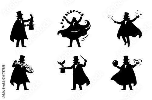 Cuadro en lienzo Magician silhouette vector set, 6 circus performer icons, illusionist with magic