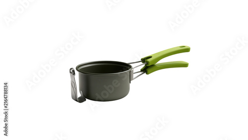 Compact lightweight camping pot with green foldable handles isolated on white background with handles detachable silver displays small metallic