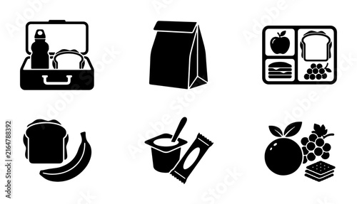 School lunch icon set, black silhouette meal box vectors, 6 healthy snack and food container symbols for education