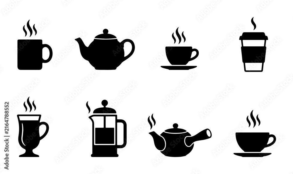 Obraz premium Minimalist coffee and tea icons, black silhouette beverage set of 8 vectors, hot drink mugs and teapots for cafe menu design