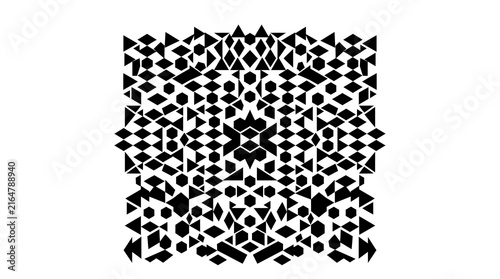 Abstract black and white symmetrical graphic pattern with geometric shapes