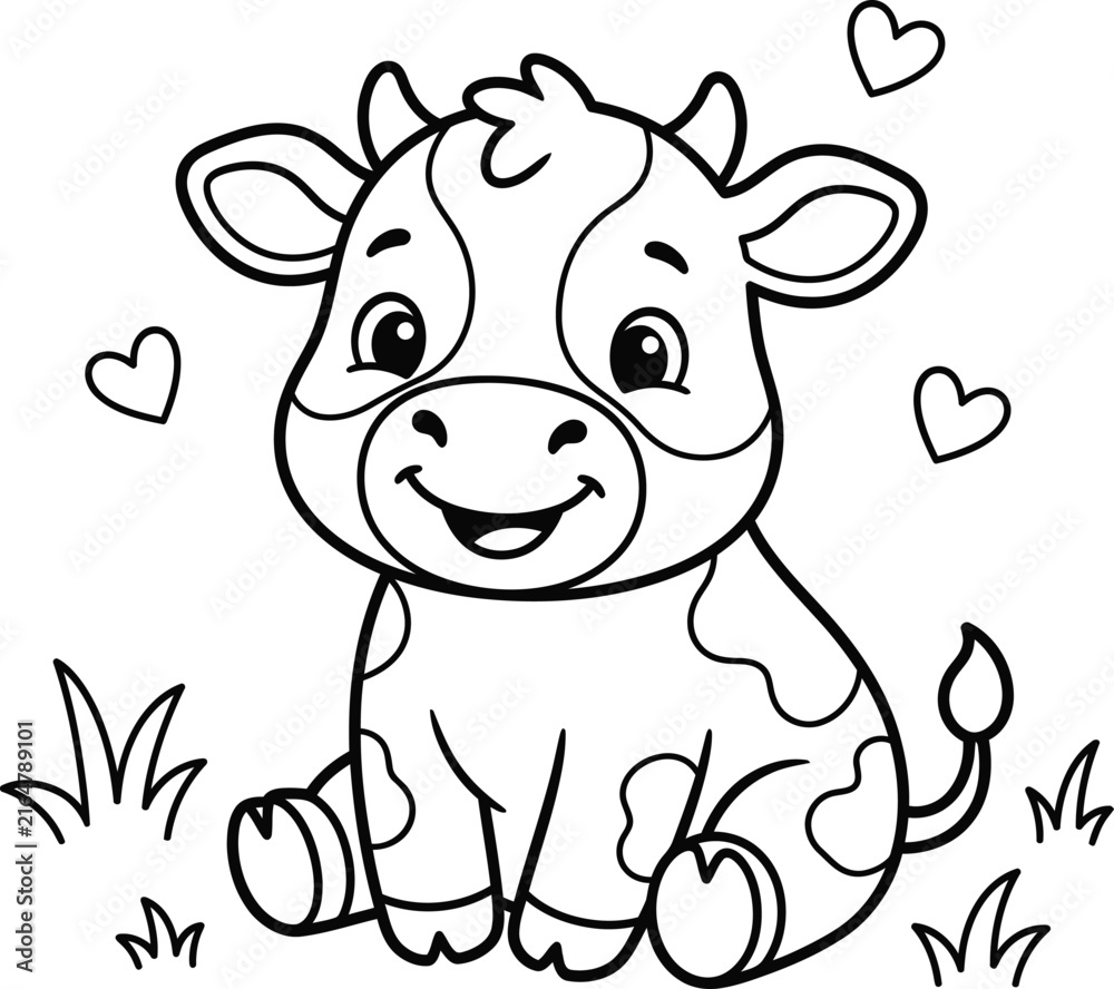 Fototapeta premium Cute cartoon cow with hearts and clover isolated on transparent background
