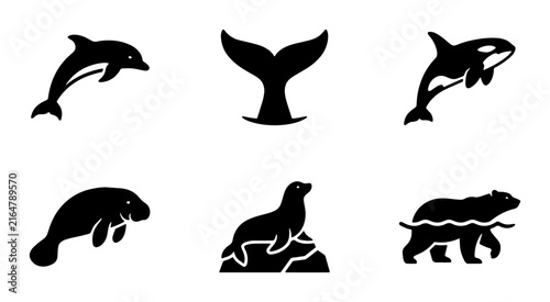 Marine Mammal Icons Set: Dolphin, Orca, Manatee, Seal, Polar Bear, Whale Tail Vector Graphics