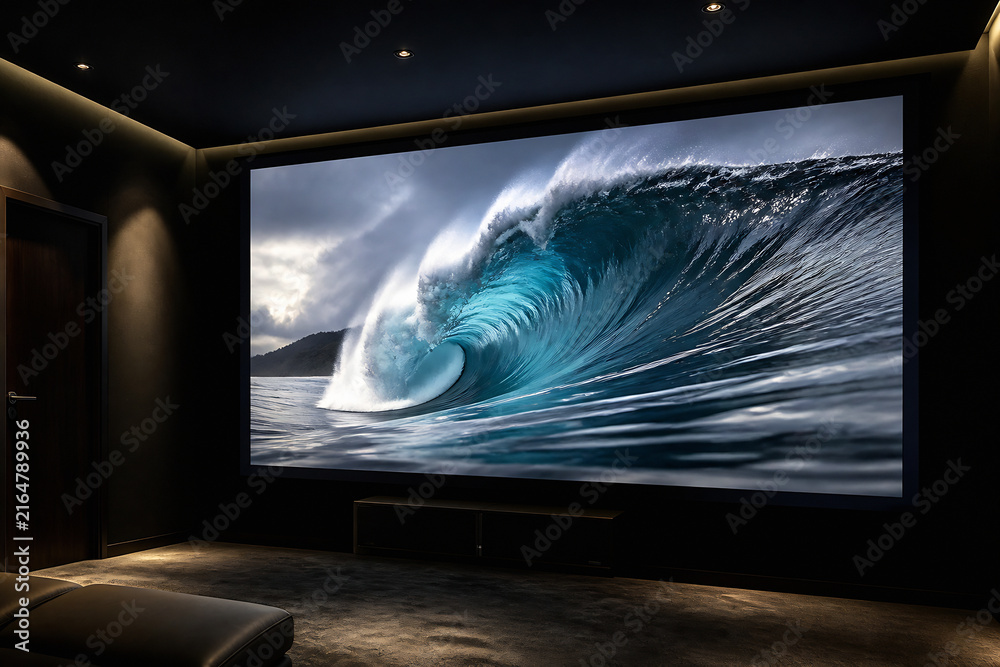 Fototapeta premium A large screen displays a powerful, cresting ocean wave in a dark, modern home theater room.