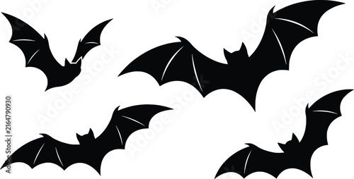 Halloween bat silhouettes set, black flying bats vector icons, spooky nocturnal animal shapes for holiday decor and graphic design