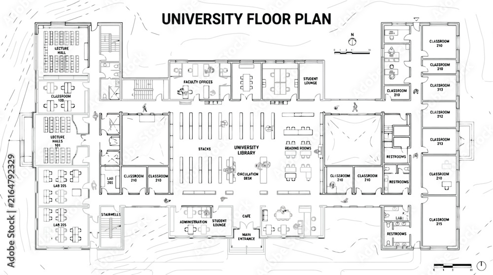 Fototapeta premium University floor plan vector, architectural blueprint of college campus building, school layout with classrooms and library