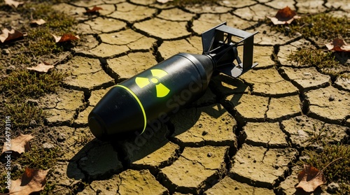 Plakat w ramie Nuclear bomb with radiation symbol lies on dry cracked earth. Barren land, fallen leaves symbolize environmental disaster. Nuclear weapon threat to planet survival, global danger.