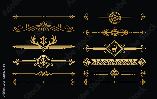 Gold winter holiday dividers on black background.