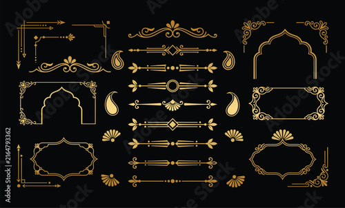 Golden islamic motifs and paisley frame elements.