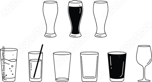 Glassware and beverage cups line vector icons set isolated on white background for bar restaurant and drink menu design