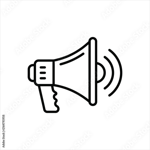 A black line art illustration of a megaphone with sound waves emanating from it on a white background, symbolizing public speaking, announcement, or communication.
