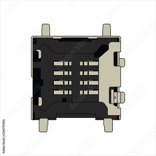 Close-up of a USB connector, a small electronic component with metal pins and a black plastic casing, used for computer peripherals and data transfer.