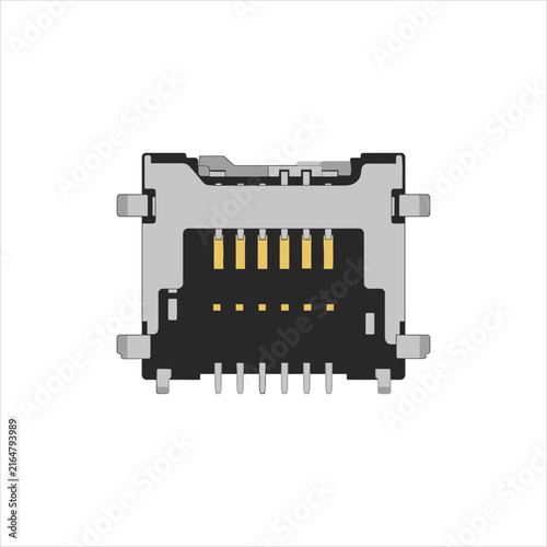 Close-up of a computer port connector with gold pins and metal contacts on a white background, illustrating technology and hardware components.
