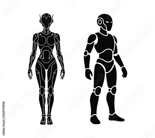 Isolated black silhouette set of male and female futuristic humanoid android robots
