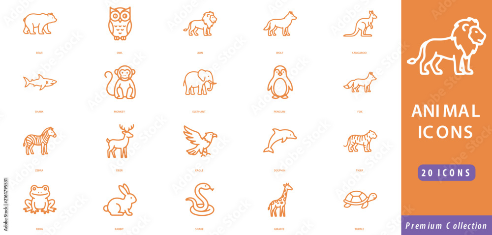 Naklejka premium Orange linear animal set featuring bear, owl, lion, wolf, kangaroo, shark, monkey, elephant, and more on a white and orange background