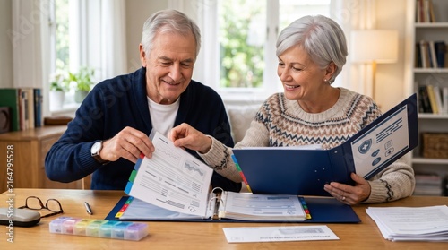 Senior couple places medical records into one organized household folder, showing retirement healthcare planning, preparedness and shared management of health information.