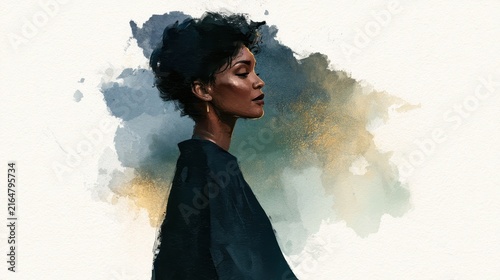 Illustrated watercolor banner featuring a graceful dark-skinned woman with elegance