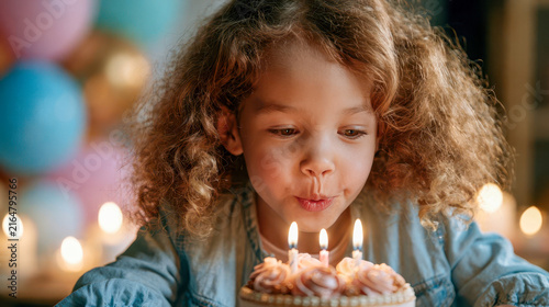 Child blowing out candles on a birthday cake during a celebration in a cozy room