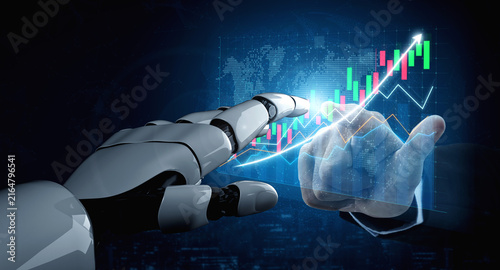Cuadro en lienzo A close-up view of a robot hand reaching towards a digital interface displaying fluctuating graphs, symbolizing financial growth and technological advancement
