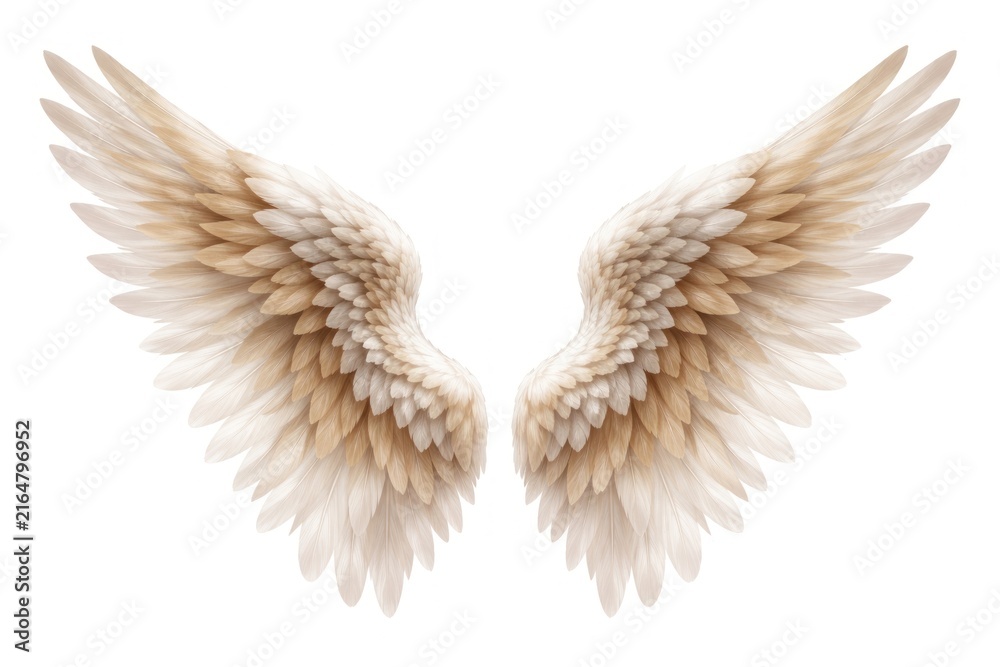 Fototapeta premium Illustration of a pair of detailed, soft beige and white angel wings.