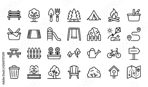 Family Park Facilities and Recreation Thin Outline Icons