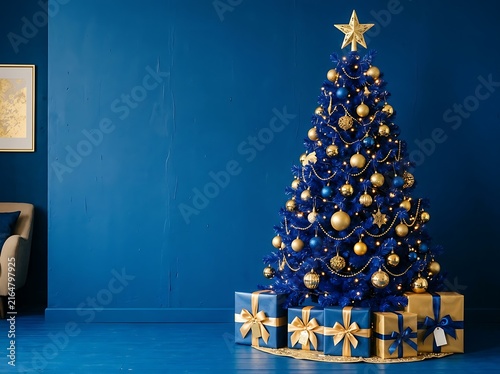 Blue christmas tree decorated with gold baubles and gifts against a matching