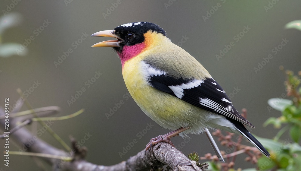 Obraz premium Evening Grosbeak Coccothraustes Vespertinus Colorful Songbird with Yellow Plumage