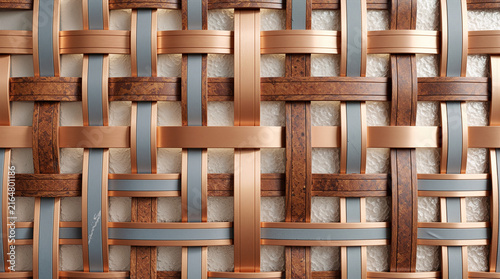 Luxury Modern Interwoven Lattice Pattern with Brushed Copper, Slate Grey Ribbons, and Textured Wood Paneling