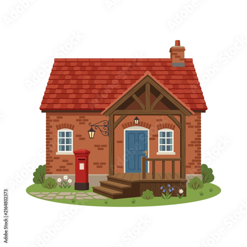 Photography A charming vector illustration of a traditional English brick house with a red r