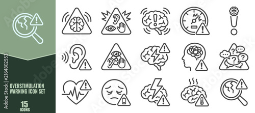 Overstimulation warning icon set, sensory overload signs, mental health and stress awareness, brain fatigue, neurological sensitivity, and cognitive burnout symbols