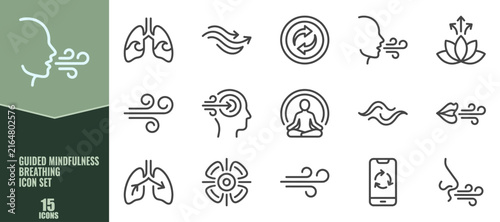 Guided mindfulness breathing icon set, vector illustration of breathing exercises, meditation, relaxation, and respiratory health symbols for wellness apps and health programs