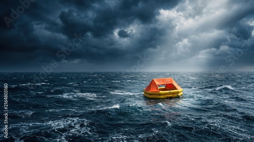 empty orange life raft floating in rough stormy ocean under dark dramatic clouds. shipwreck survival concept. danger and emergency at sea. banner, website header with copyspace.