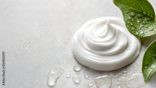 A dollop of white cosmetic cream with green leaves and water droplets on a light gray background.