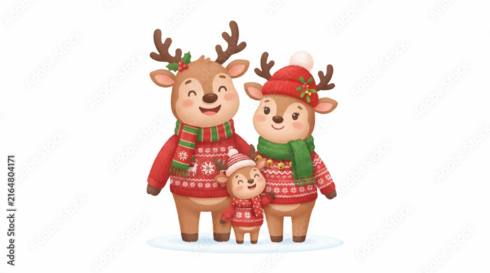 Fototapeta premium Festive cartoon family of reindeer wearing Christmas sweaters in a snowy winter scene.