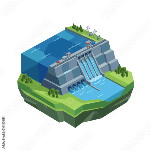 Isometric Vector Illustration of a Hydroelectric Dam Power Plant Facility with Water Reservoir