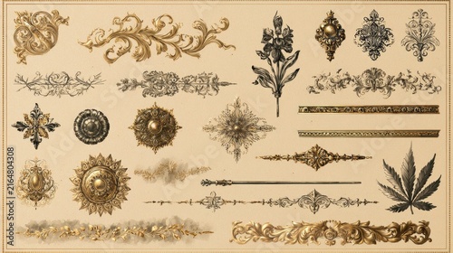 Intricate Corner Ornaments, Scrollwork and Mandalas in Gold and Ink