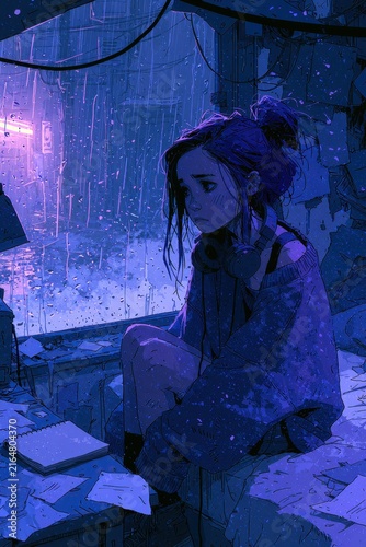 Introspective youth in a cluttered room under blue-purple neon glow