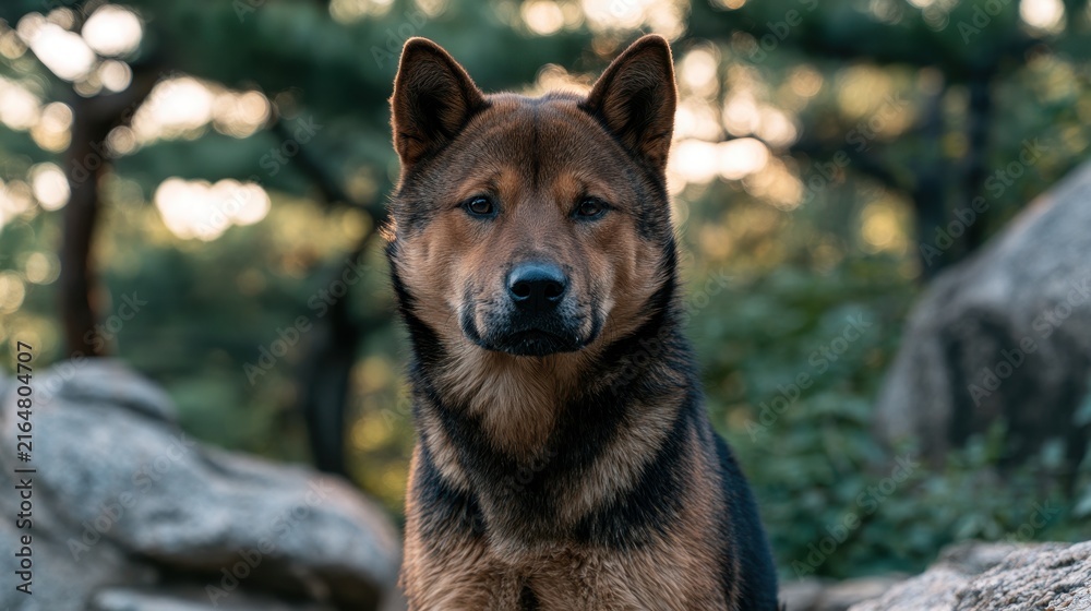 Naklejka premium Jindo dog portrait in a pine forest beside rugged rocks and greens