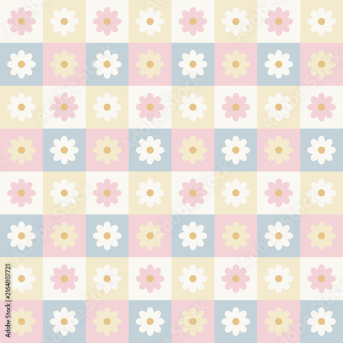 Daisy Checkered Seamless Pattern on Pastel Background