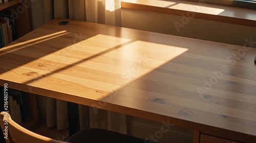 Cinematic footage of natural sunlight shifting across a light-colored wooden table in a quiet interior setting, creating a peaceful atmosphere for home or lifestyle b-roll.