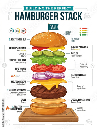 Deconstructed Hamburger Stack Infographic with Ingredients and Cooking Steps Diagram