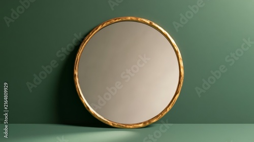 Round gold mirror centered upright on solid forest-green ground