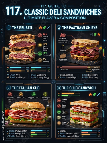 Futuristic Infographic Guide to Classic Deli Sandwiches Featuring Reuben Pastrami Italian Sub and Club Sandwich Ingredients