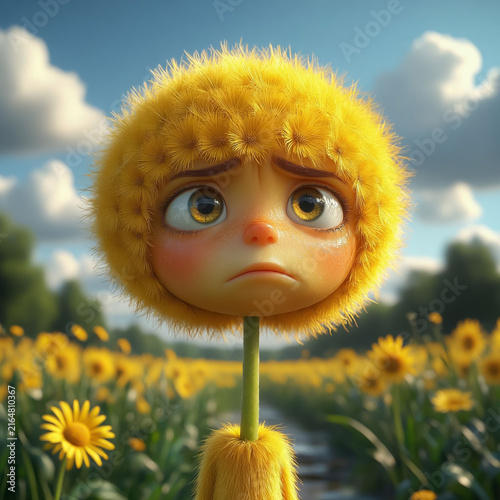 Sad 3D animated yellow flower character with big eyes standing in a blooming field.