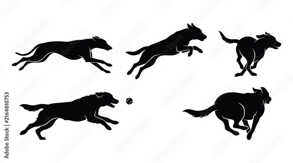 Fototapeta premium Set of black silhouettes of dogs running and jumping to catch a ball, showing motion and speed on a white background