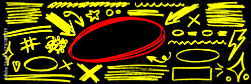 Yellow marker highlight line set on black. Marker arrow, underline, red highlight oval, pen circle, hand drawn star, doodle scribble, lightning, x cross, line.